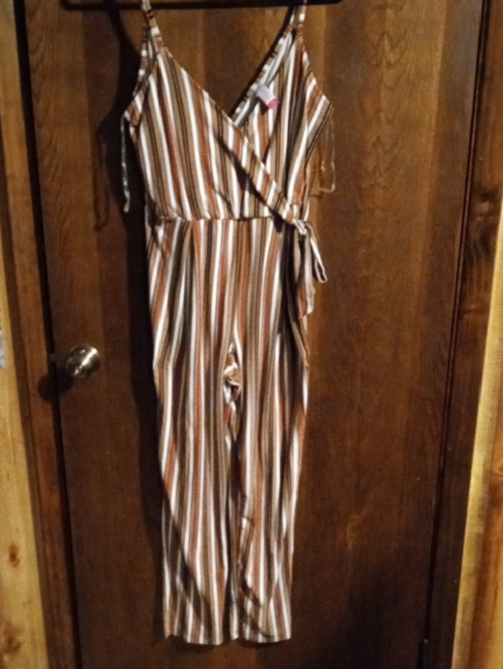 No Boundaries Brown and Cream Striped Wrap Jumpsuit